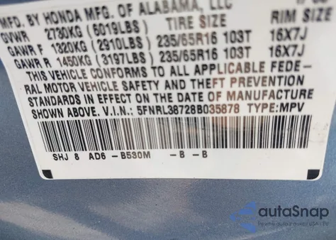 2008 Honda Odyssey Ex-L из США, поврежденный, VIN 5FNRL38728B035878